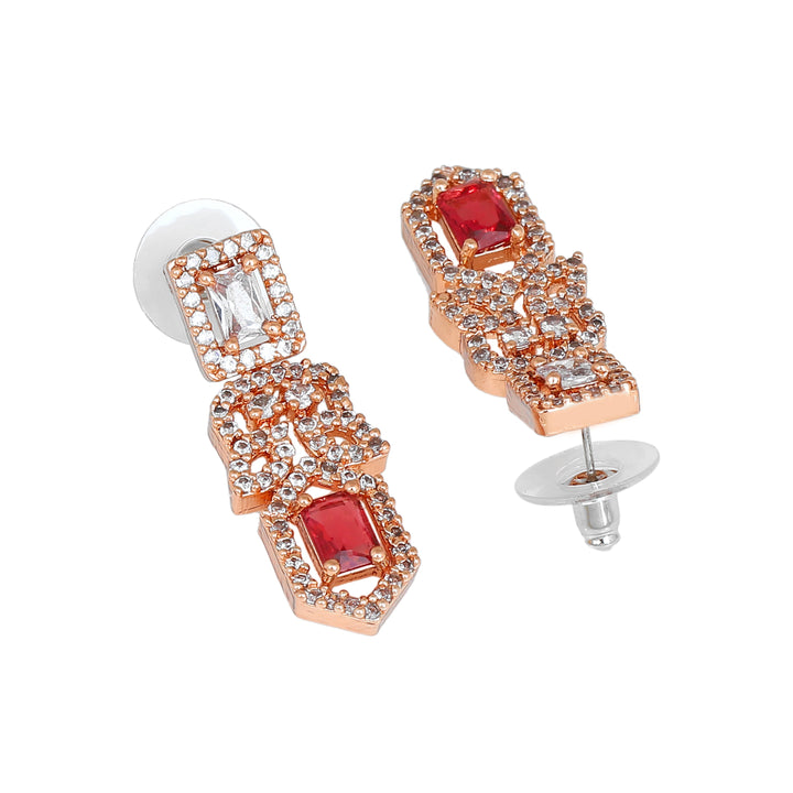 Estele Rose Gold Plated CZ Gleaming Drop Earrings with Tourmaline Pink Stones for Women