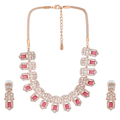 Estele Rose Gold Plated CZ Dazzling Necklace Set with Tourmaline Pink Crystals for Women