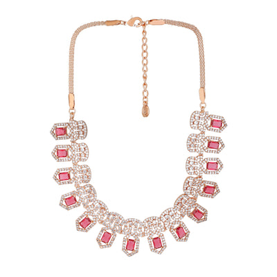 Estele Rose Gold Plated CZ Dazzling Necklace Set with Tourmaline Pink Crystals for Women