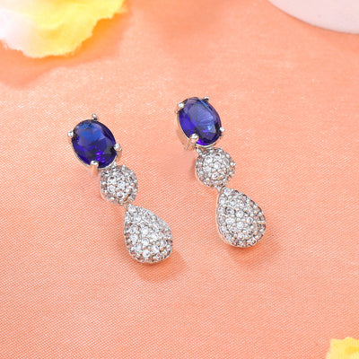 Estele Rhodium Plated CZ Sparkling Drop Earrings with Blue Stones for Women