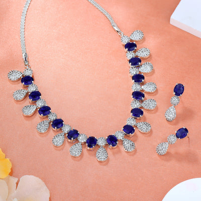 Estele Rhodium Plated CZ Shimmering Necklace Set with Blue & White Stones for Girls & Women's