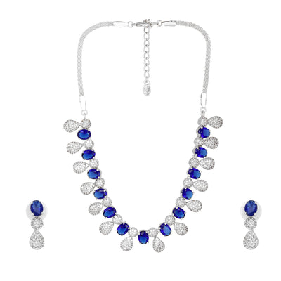 Estele Rhodium Plated CZ Shimmering Necklace Set with Blue & White Stones for Girls & Women's