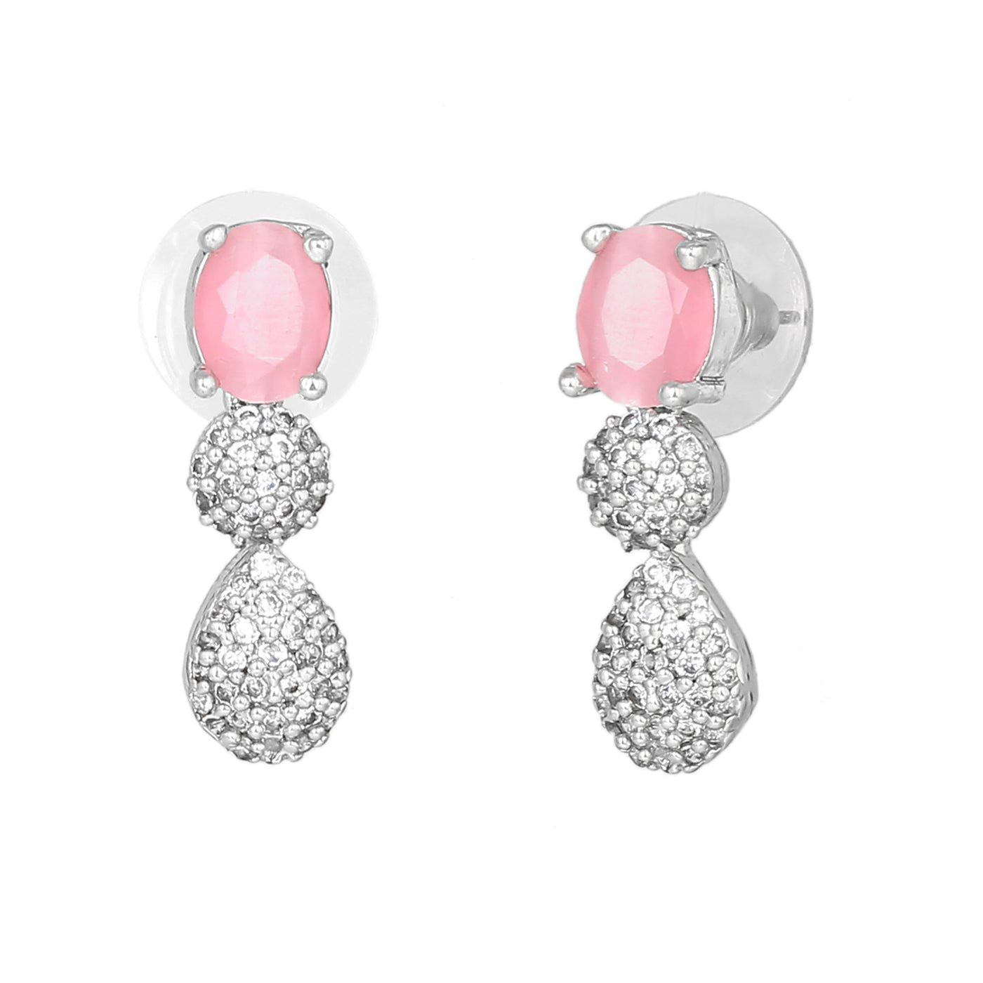 Estele Rhodium Plated CZ Sparkling Drop Earrings with Mint Pink for Women