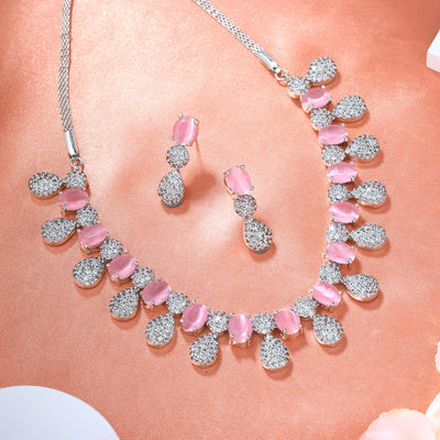 Estele Rhodium Plated Plated CZ Circular Designer Necklace Set with Mint Pink Crystals for Women