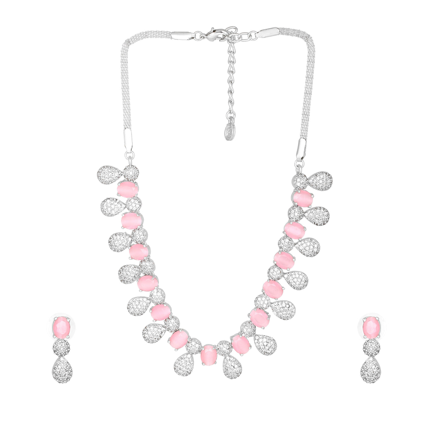 Estele Rhodium Plated Plated CZ Circular Designer Necklace Set with Mint Pink Crystals for Women