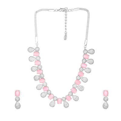 Estele Rhodium Plated Plated CZ Circular Designer Necklace Set with Mint Pink Crystals for Women