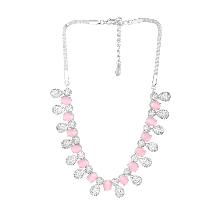 Estele Rhodium Plated Plated CZ Circular Designer Necklace Set with Mint Pink Crystals for Women