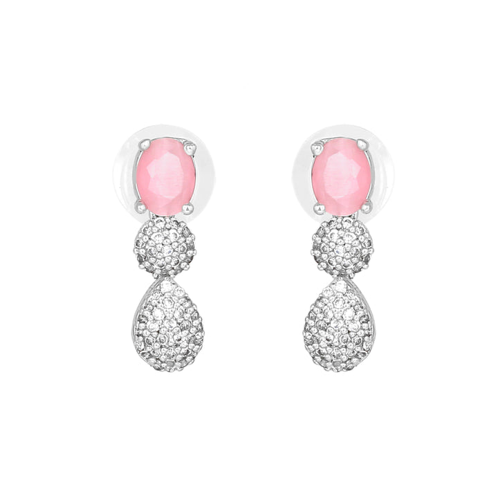 Estele Rhodium Plated Plated CZ Circular Designer Necklace Set with Mint Pink Crystals for Women