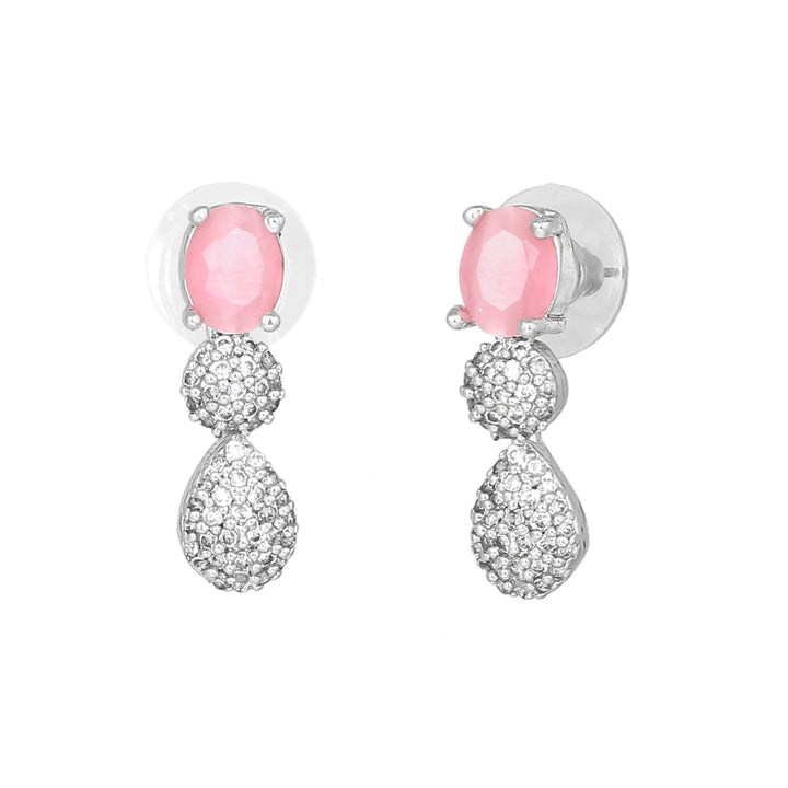 Estele Rhodium Plated Plated CZ Circular Designer Necklace Set with Mint Pink Crystals for Women