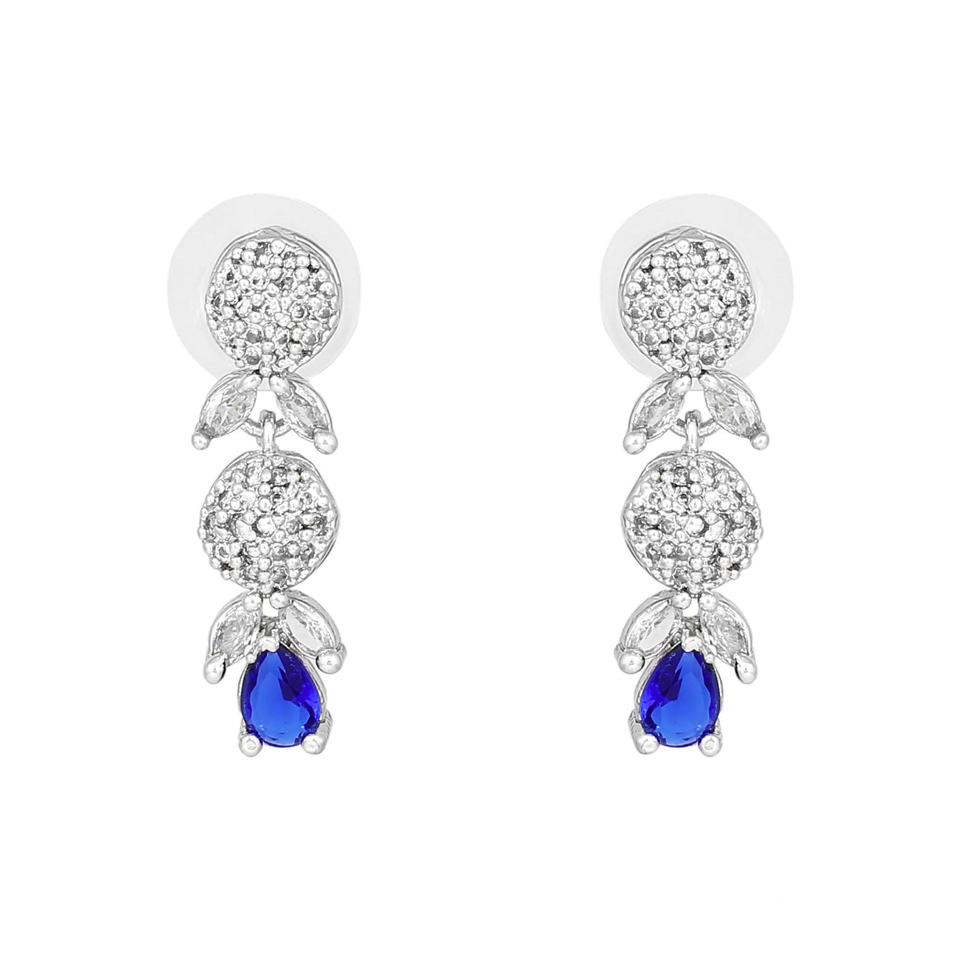 Estele Rhodium Plated CZ Twinkling Drop Earrings with Blue Stones for Women
