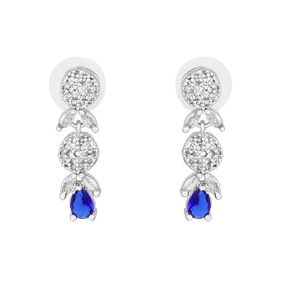Estele Rhodium Plated CZ Twinkling Drop Earrings with Blue Stones for Women