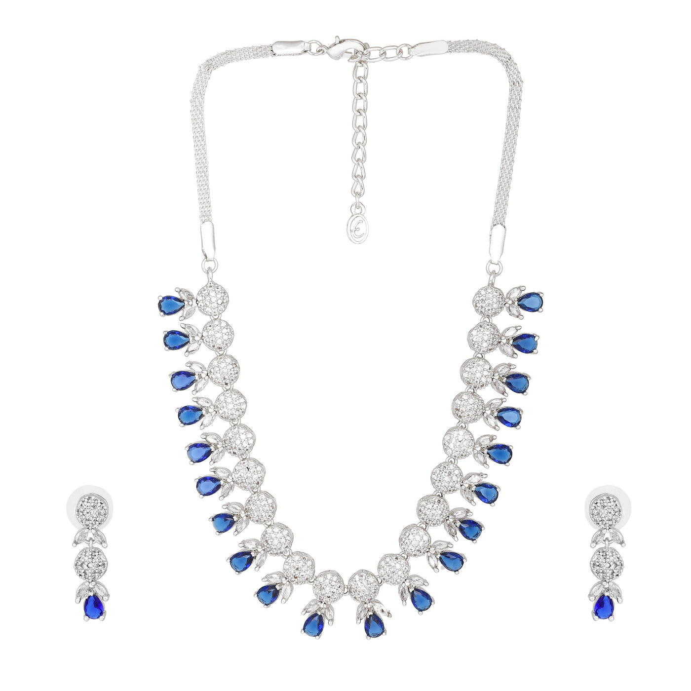 Estele Rhodium Plated CZ Sparkling Necklace Set with Blue Crystals for Women