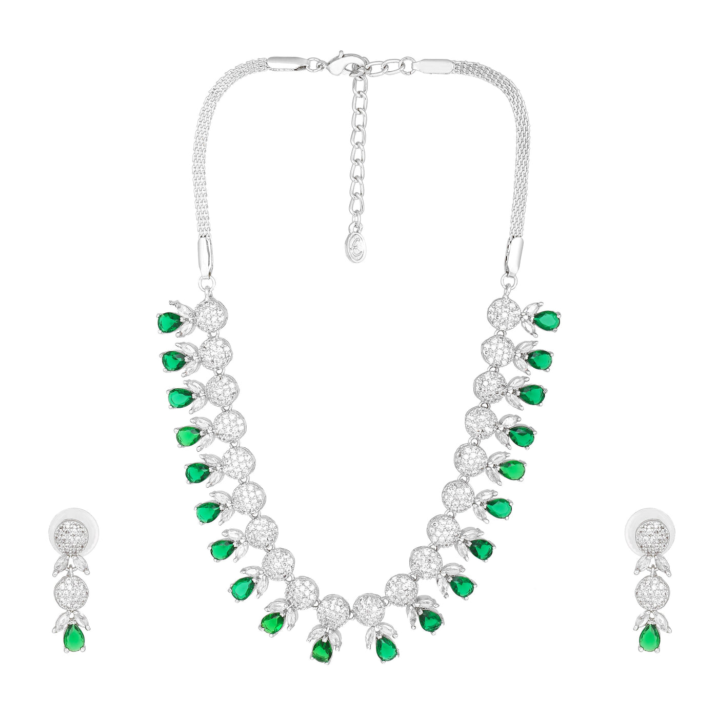 Estele Rhodium Plated CZ Gorgeous Necklace Set with Green Crystals for Women