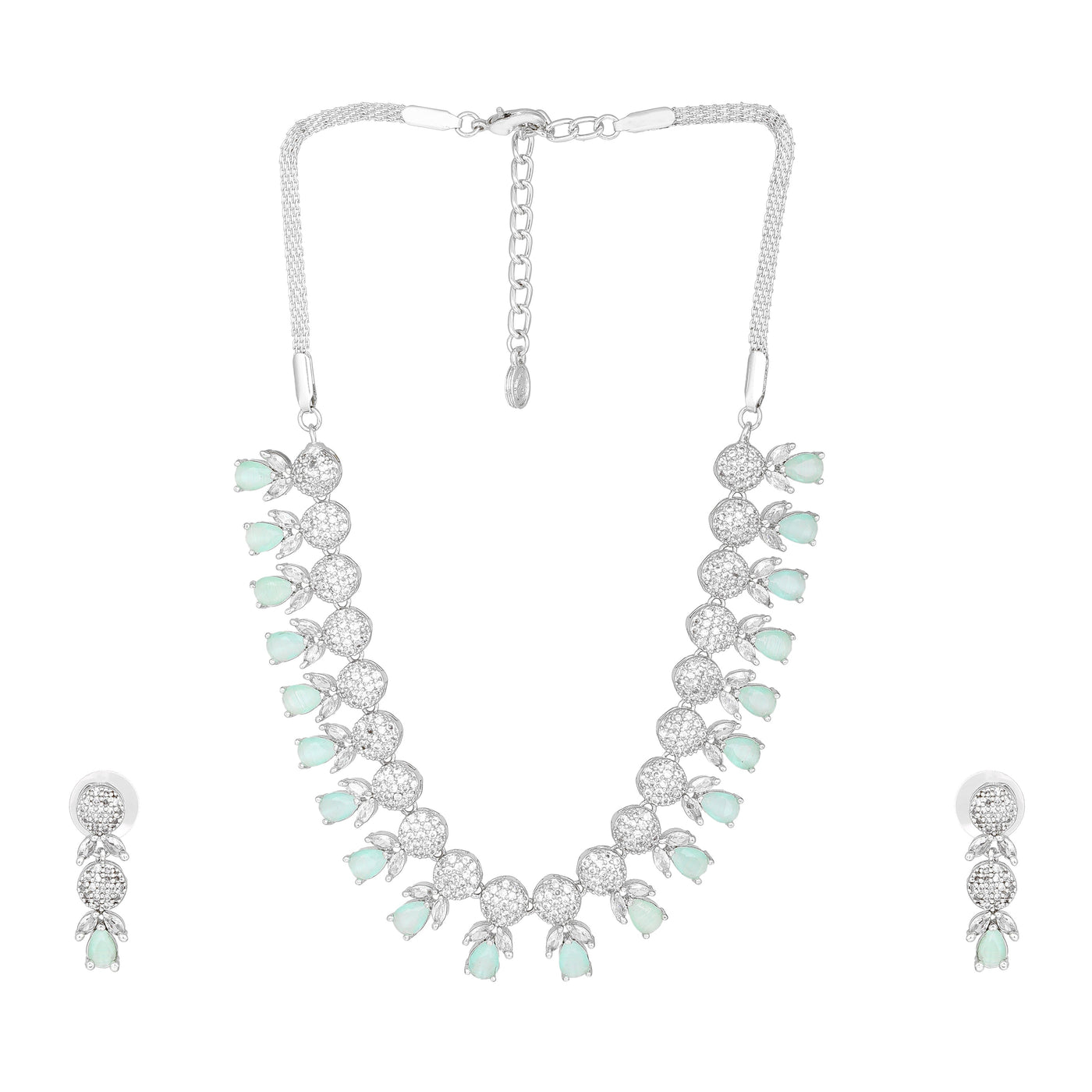 Estele Rhodium Plated CZ Stunning Necklace Set with Mint Green Crystals for Women