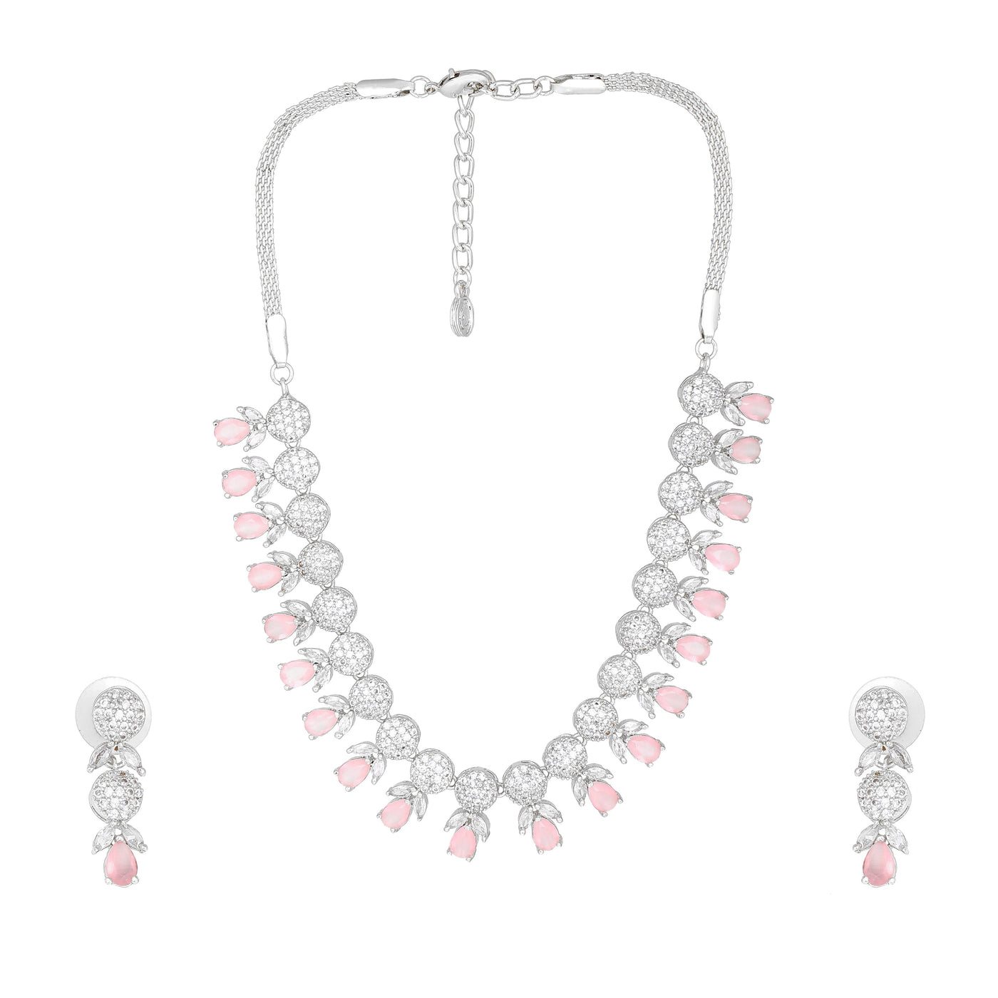 Estele Rhodium Plated CZ Sparkling Necklace Set with Mint Pink Crystals for Women