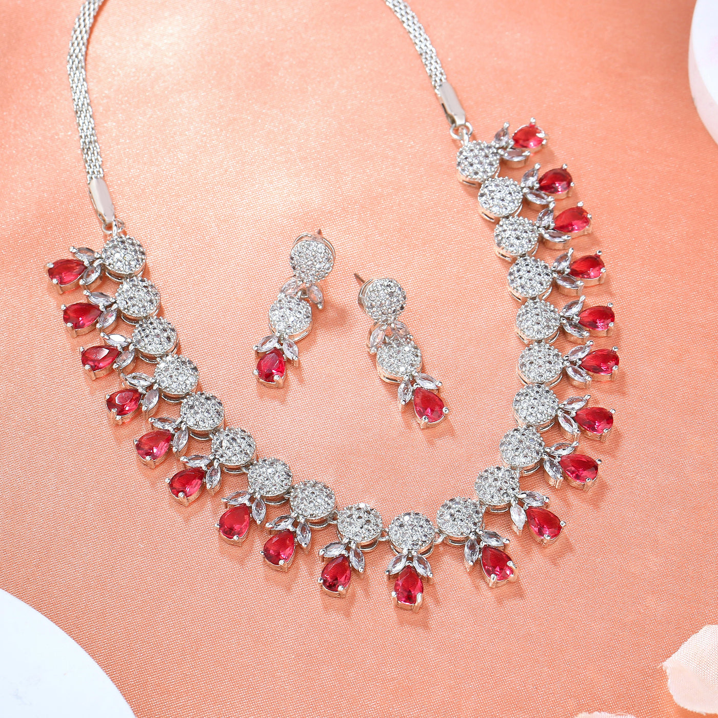 Estele Rhodium Plated CZ Magnificent Necklace Set with Tourmaline Pink Crystals for Women