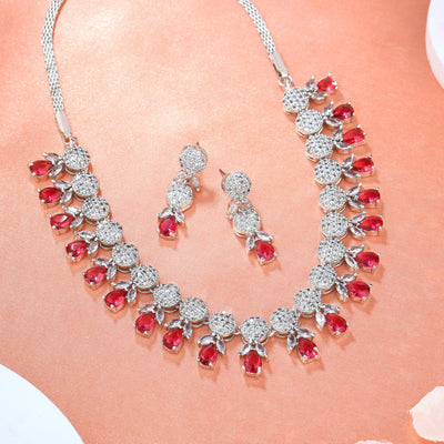 Estele Rhodium Plated CZ Magnificent Necklace Set with Tourmaline Pink Crystals for Women