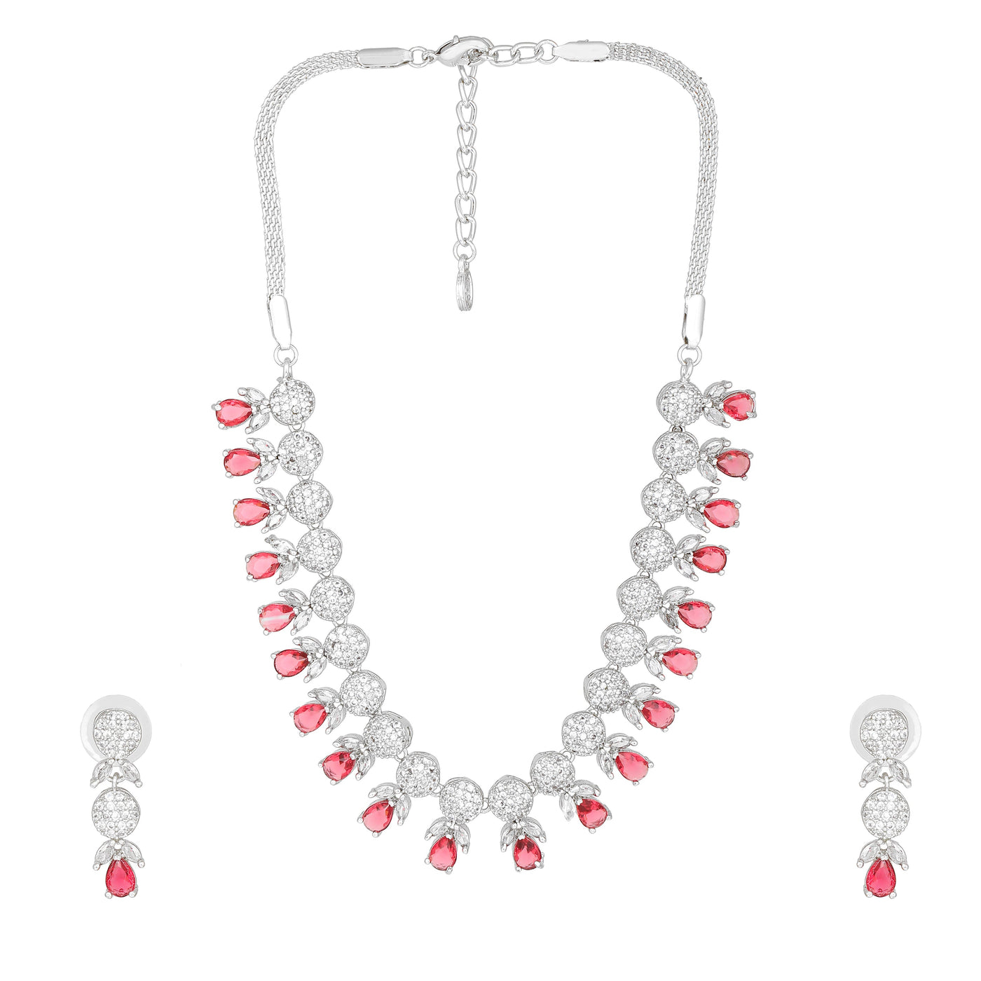 Estele Rhodium Plated CZ Magnificent Necklace Set with Tourmaline Pink Crystals for Women