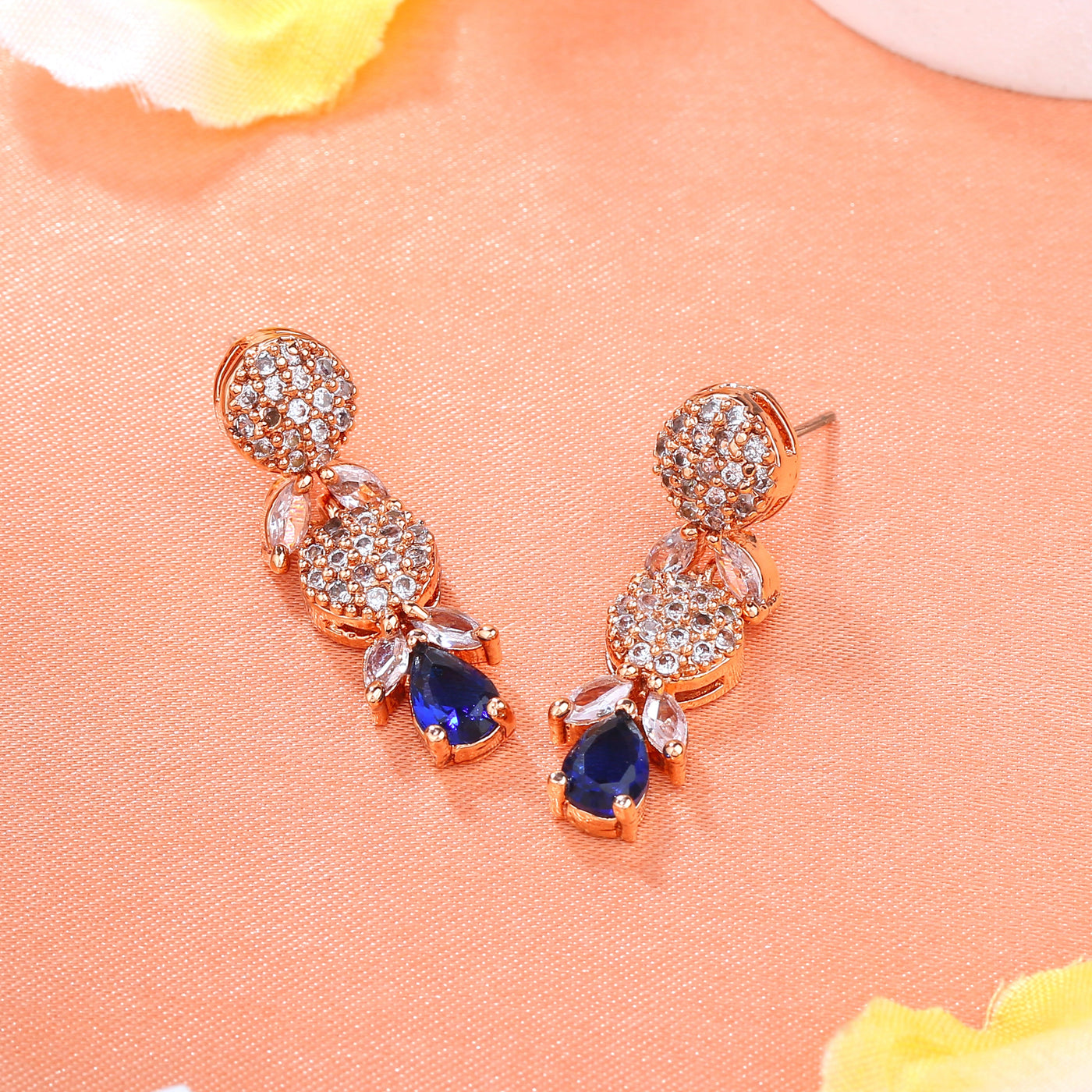 Estele Rose Gold Plated CZ Twinkling Drop Earrings with Blue Stones for Women