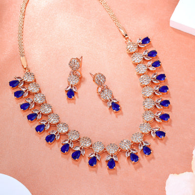 Estele Rose Gold Plated CZ Attractive Necklace Set with Blue Crystals for Women
