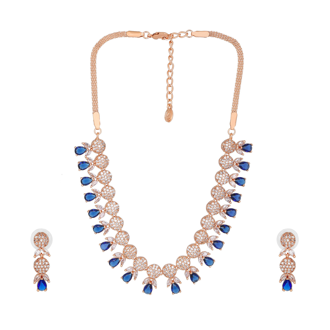 Estele Rose Gold Plated CZ Attractive Necklace Set with Blue Crystals for Women