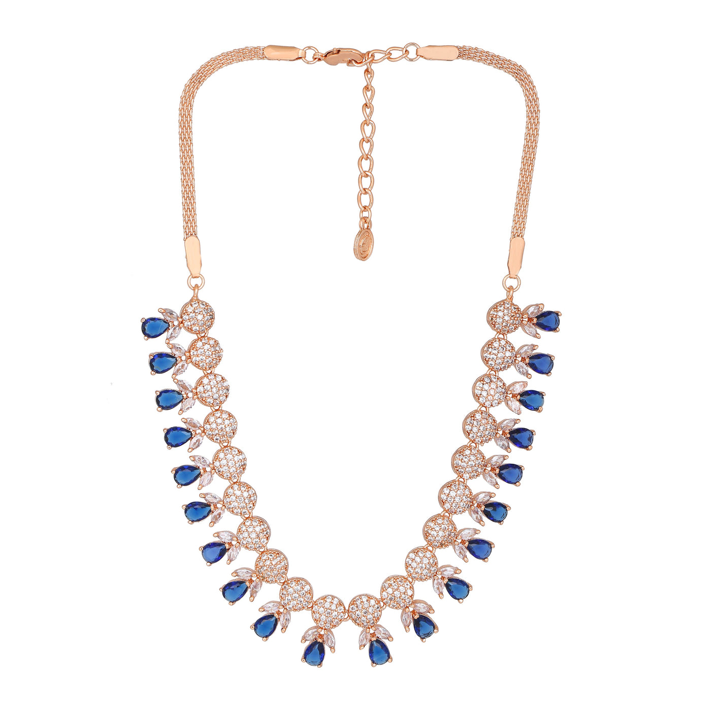 Estele Rose Gold Plated CZ Attractive Necklace Set with Blue Crystals for Women