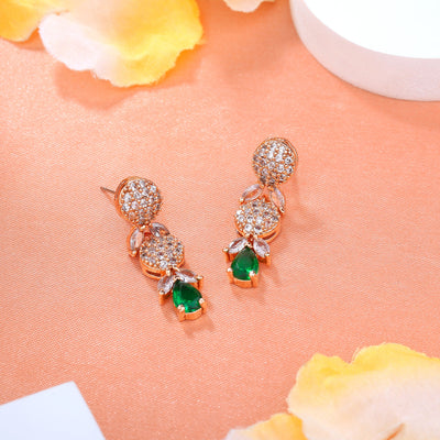 Estele Rose Gold Plated CZ Twinkling Drop Earrings with Green Stones for Women