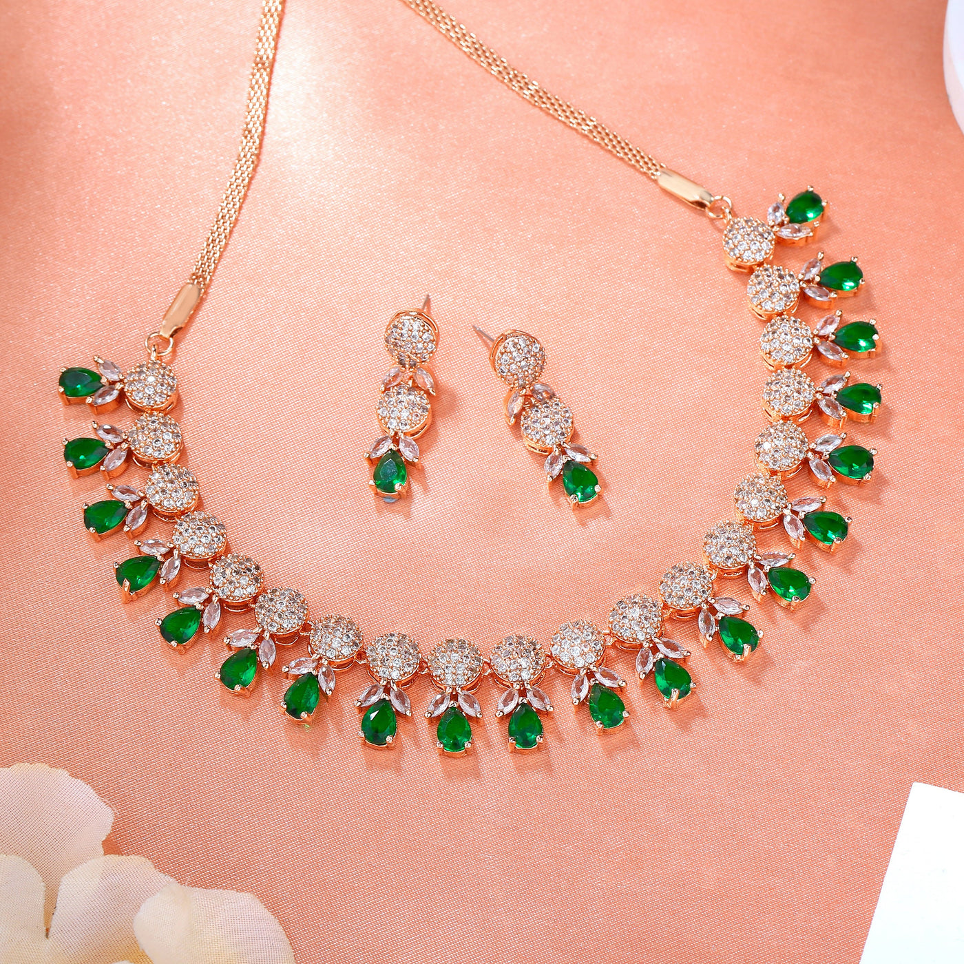 Estele Rose Gold Plated CZ Gorgeous Necklace Set with Green Crystals for Women