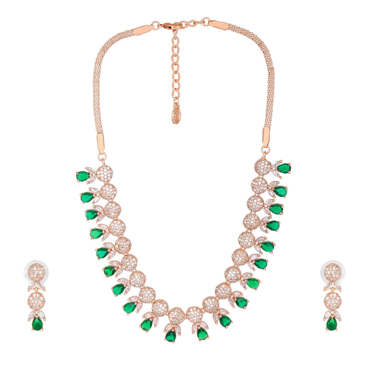 Estele Rose Gold Plated CZ Gorgeous Necklace Set with Green Crystals for Women