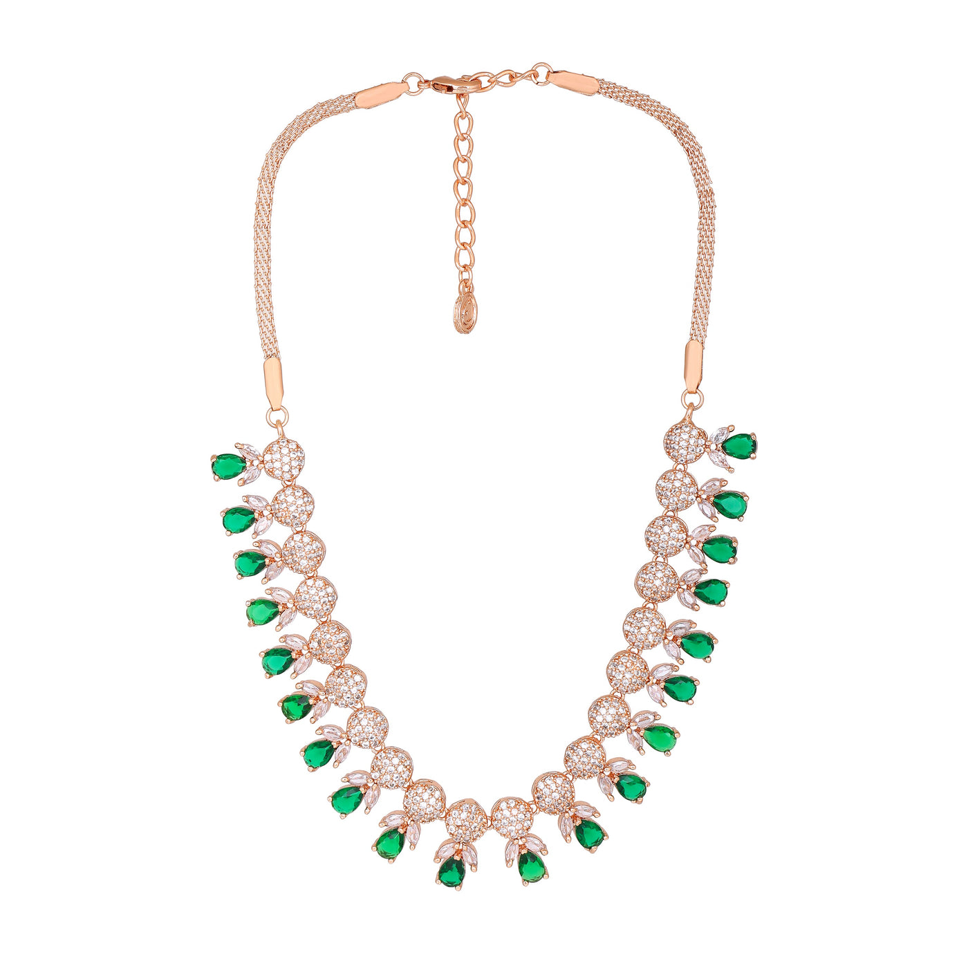 Estele Rose Gold Plated CZ Gorgeous Necklace Set with Green Crystals for Women