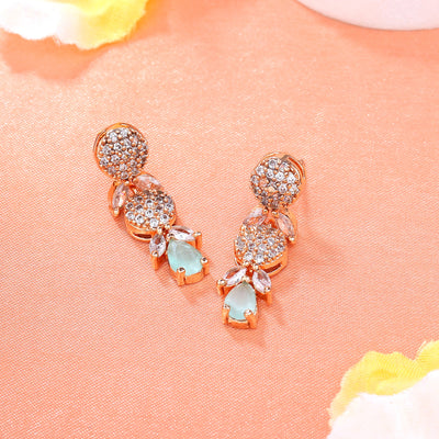 Estele Rose Gold Plated CZ Twinkling Drop Earrings with Mint Green Stones for Women