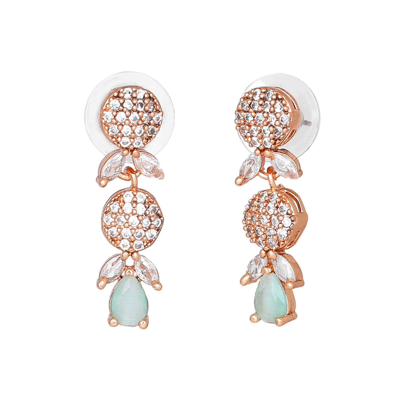 Estele Rose Gold Plated CZ Twinkling Drop Earrings with Mint Green Stones for Women