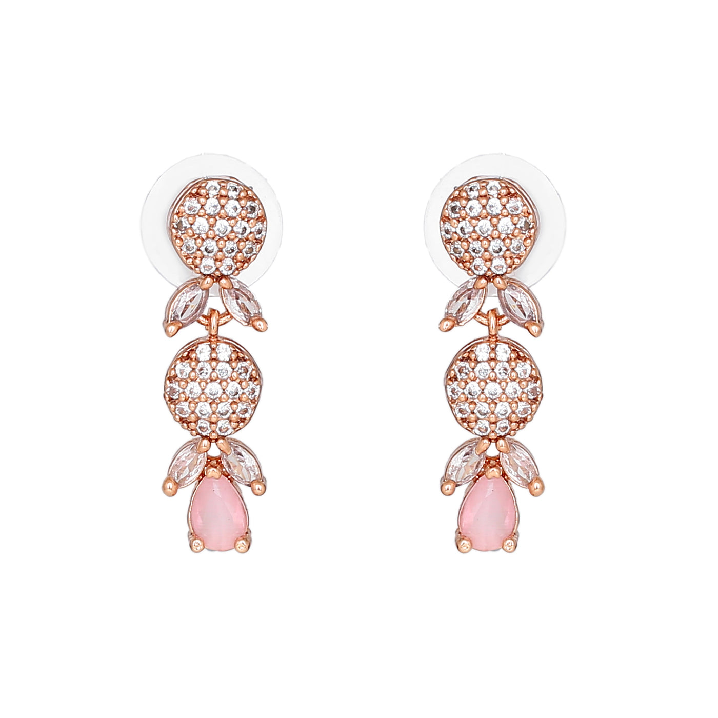 Estele Rose Gold Plated CZ Twinkling Drop Earrings with Mint Pink Stones for Women