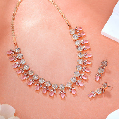 Estele Rose Gold Plated CZ Sparkling Necklace Set with Mint Pink Crystals for Women