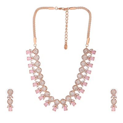 Estele Rose Gold Plated CZ Sparkling Necklace Set with Mint Pink Crystals for Women