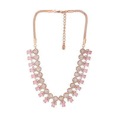 Estele Rose Gold Plated CZ Sparkling Necklace Set with Mint Pink Crystals for Women