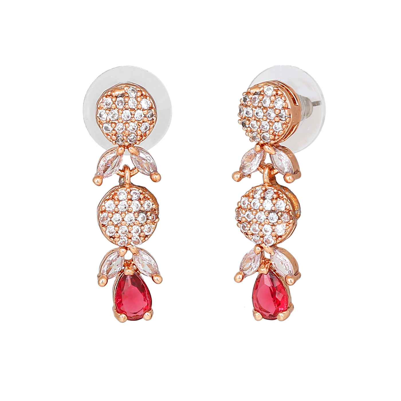 Estele Rose Gold Plated CZ Twinkling Drop Earrings with Tourmaline Pink Stones for Women