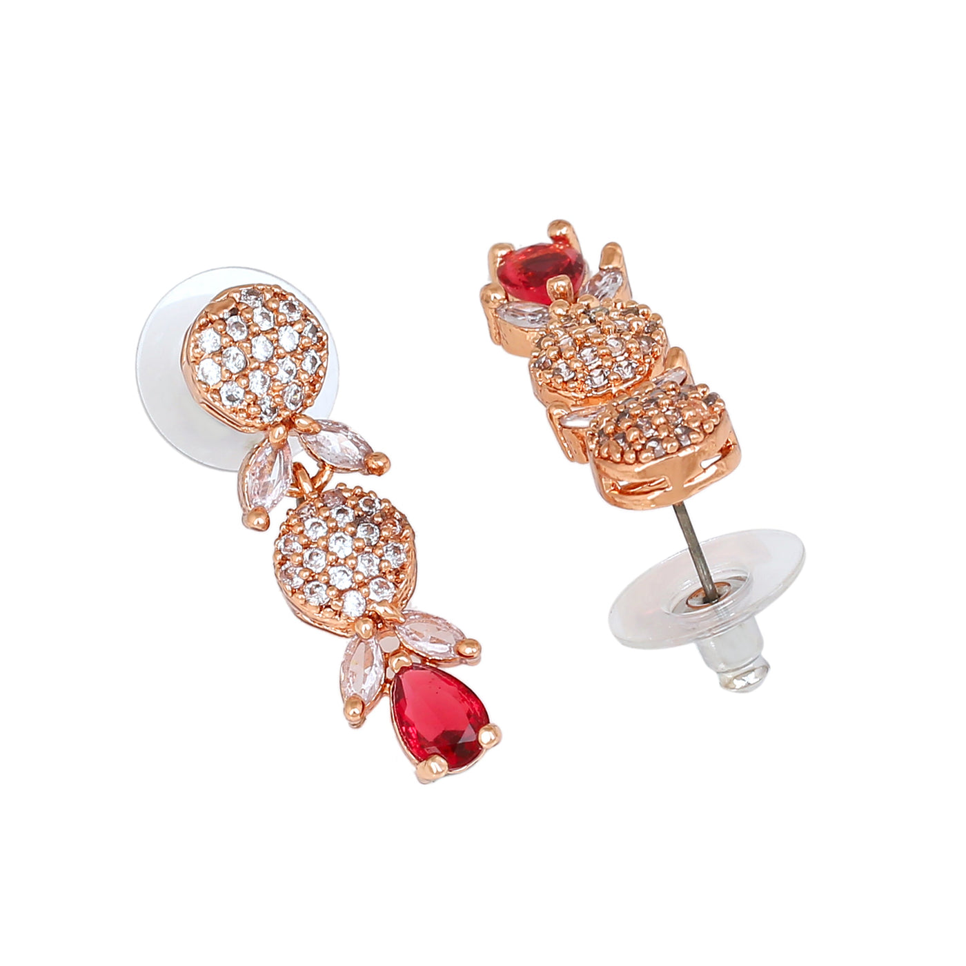 Estele Rose Gold Plated CZ Twinkling Drop Earrings with Tourmaline Pink Stones for Women