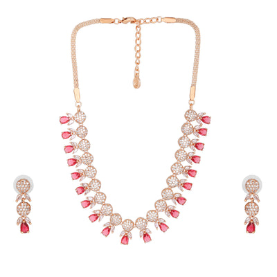 Estele Rose Gold Plated CZ Sparkling Necklace Set with Tourmaline Pink Crystals for Women