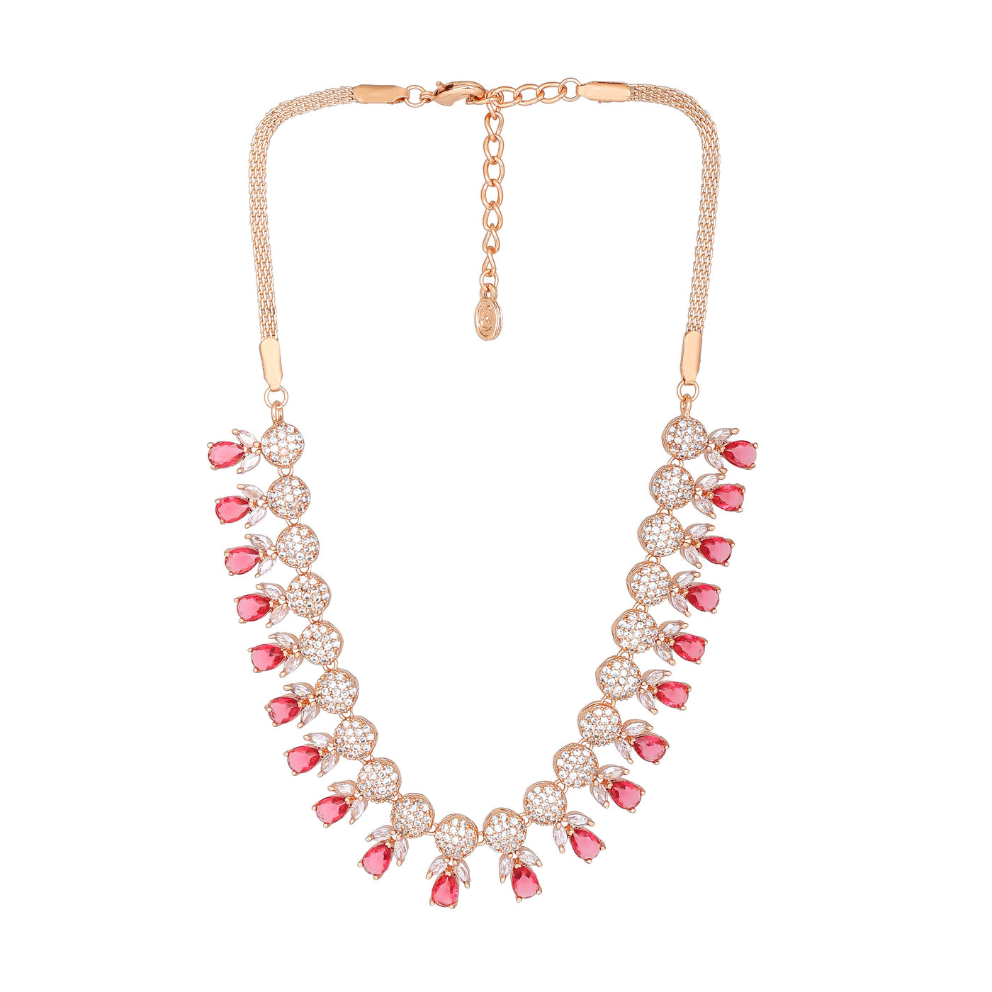 Estele Rose Gold Plated CZ Sparkling Necklace Set with Tourmaline Pink Crystals for Women
