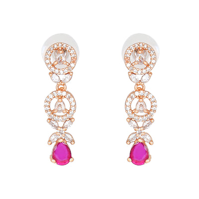 Estele Rose Gold Plated CZ Circular Designer Drop Earrings with Ruby Stones for Women