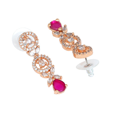 Estele Rose Gold Plated CZ Circular Designer Drop Earrings with Ruby Stones for Women