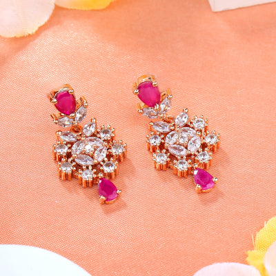 Estele Rose Gold Plated CZ Ravishing Drop Earrings with Ruby Stones for Women