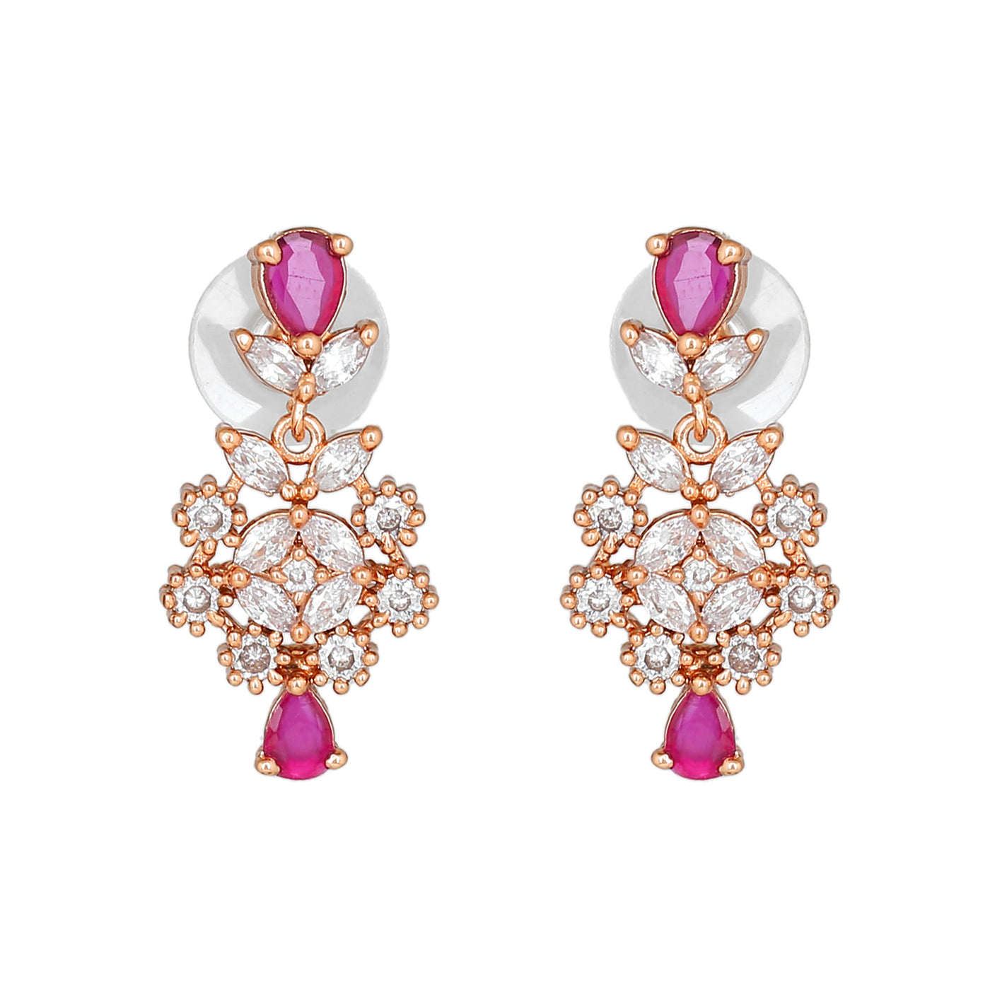 Estele Rose Gold Plated CZ Ravishing Drop Earrings with Ruby Stones for Women