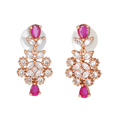 Estele Rose Gold Plated CZ Ravishing Drop Earrings with Ruby Stones for Women