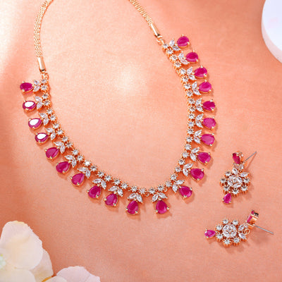 Estele Rose Gold Plated CZ Sparkling Necklace Set with Ruby Crystals for Women