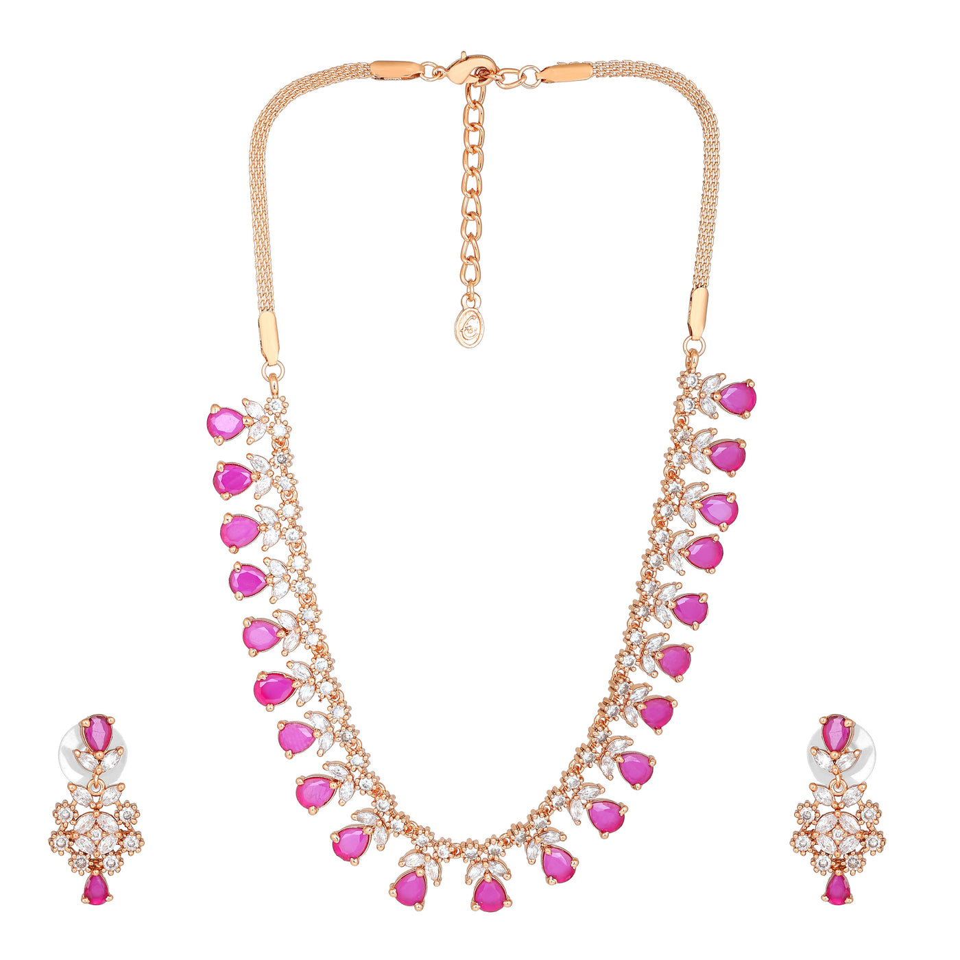 Estele Rose Gold Plated CZ Sparkling Necklace Set with Ruby Crystals for Women