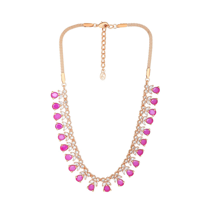 Estele Rose Gold Plated CZ Sparkling Necklace Set with Ruby Crystals for Women