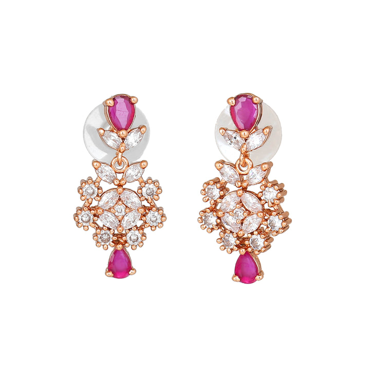 Estele Rose Gold Plated CZ Sparkling Necklace Set with Ruby Crystals for Women