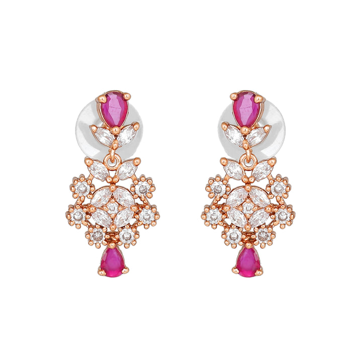 Estele Rose Gold Plated CZ Sparkling Necklace Set with Ruby Crystals for Women